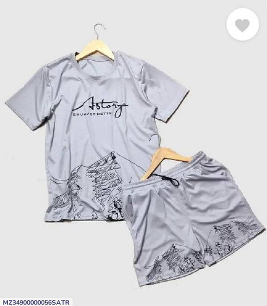 2 Pcs Men Polyester Printed T-Shirt & Shorts Tracksuit