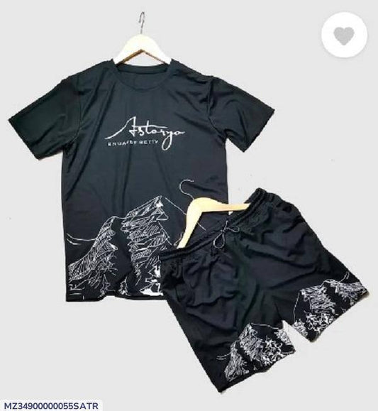 2 Pcs Men Polyester Printed T-Shirt & short tracksuit